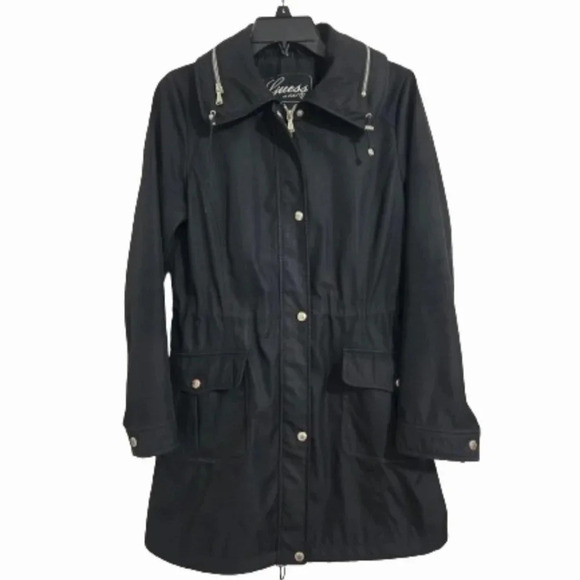 Guess Women's Trench Coat Size Medium Black Hooded Adjustable Waist Rain… - Picture 1 of 16